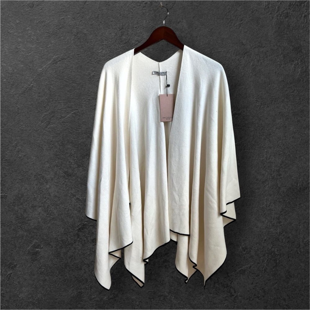 MM LAFLEUR Angelou Shawl Contrast Ivory Poncho with Black Trim NWT - Picture 3 of 9